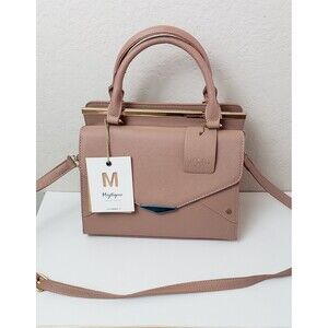 Myztique Handbag Satchel Genuine Vegan Leather Nude Medium Classic Work NEW Tags
